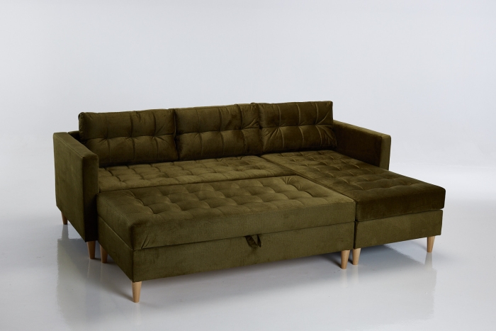 Newport Right Hand Chaise Sofa Bed with Storage Ottoman - Olive Velvet