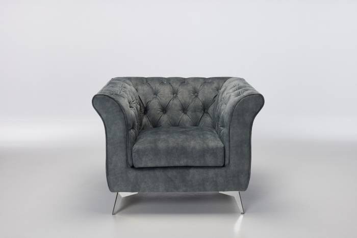 Lauren - Modern Chesterfield Armchair, Grey Mottled Velvet with Silver Legs