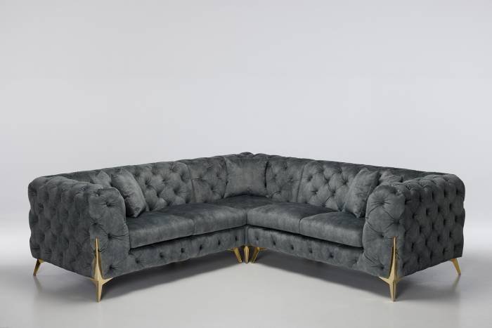Annabelle - Luxury Chesterfield Corner Sofa, Grey Mottled Velvet with Gold Legs