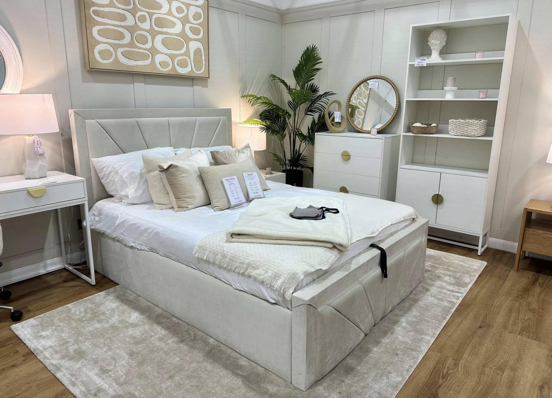 Saison Plush Cream Velvet Ottoman Bed at Furniture Outlet